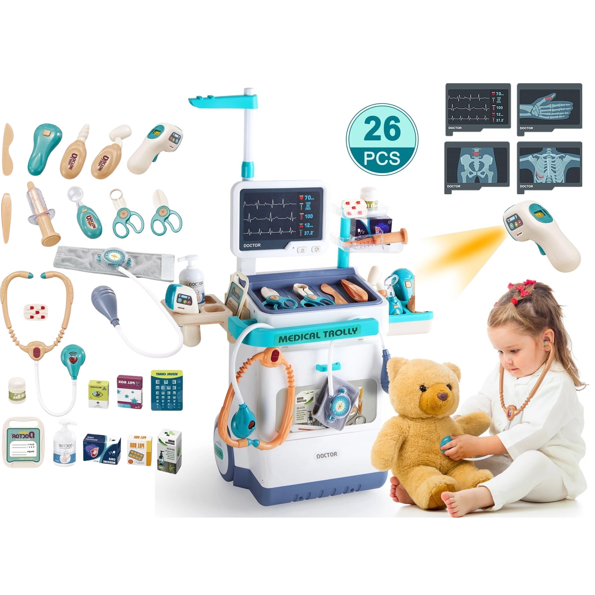 Set de Joaca, Carucior Medical pentru Copii, 26 Piese, cu Sunete