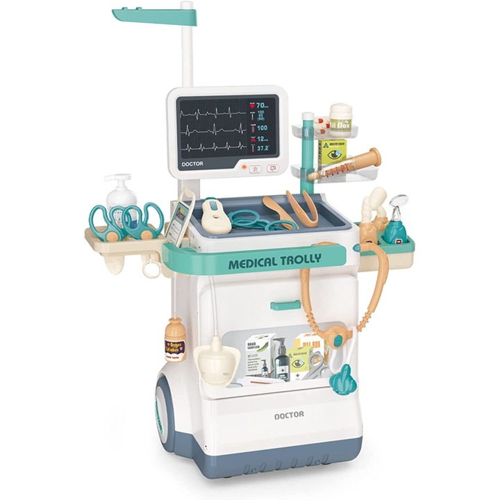 Set de Joaca, Carucior Medical pentru Copii, 26 Piese, cu Sunete, Include Radiografii, Stetoscop, Termometru, Seringa, Portabil, Stimuleaza Imaginatia si Jocul de Rol, Indiggo, 3ani+, Dimensiune 115x46.5cm, Turcoaz