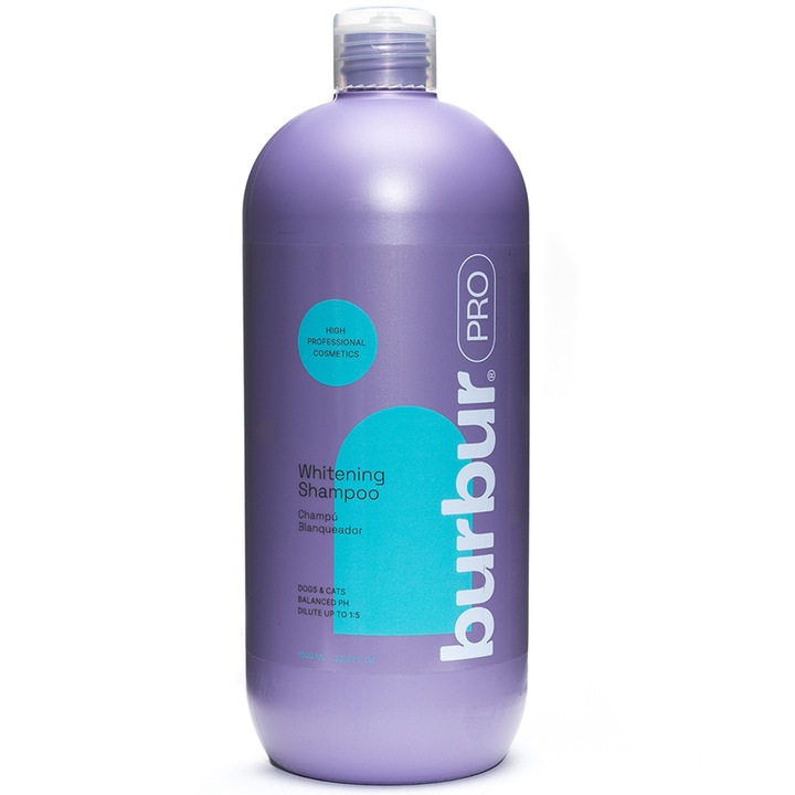 Sampon concentrat 25:1, Burbur Pro, cu efect de albire, pentru caini si pisici cu blana alba, ingrediente naturale, pH neutru, 1 L