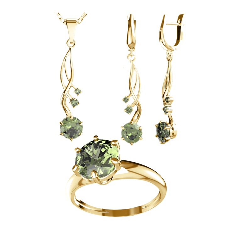 Ékszer szett A-B, Sárga 14K arany, Moldavit, Fülbevaló, Medál, Gyűrű, 4 db
