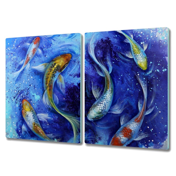 Стъклена дъска за рязане, Правоъгълник, Картина с животни Koi Fish Water Art, Син, 2x40x52 см, 010010520020000033587