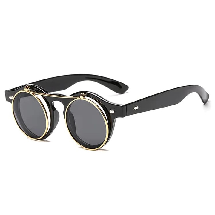 Ochelari de soare rotunzi Retro Vintage, model cu lentile rabatabile, protectie UV400, unisex, rame metalice, Tessero, negru