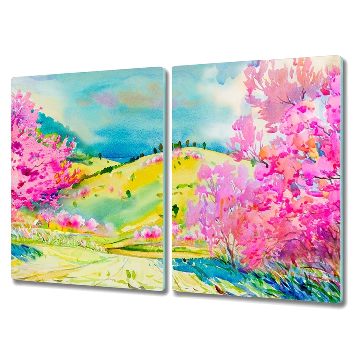 Tocator pe sticla, Dreptunghi, Pictura Peisaj Abstracte Copaci Dealuri, Multicolor, 2x40x52 cm, 010010520020000052739