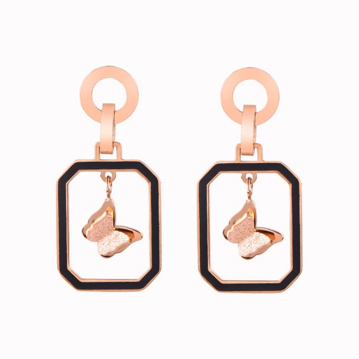 Cercei patrati dangle cu pandantiv fluture, roz aurii din otel inoxidabil, Pufoseria, 99461398