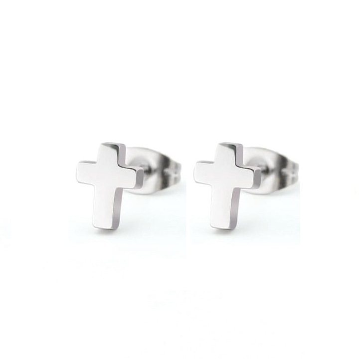 Cercei mici stud pe lob in forma de cruce, argintii din otel inoxidabil, Punk Rock Look, Pufoseria, 99461518