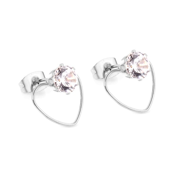 Cercei mici stud pe lob in forma de inima, argintii din otel inoxidabil si cristal, Pufoseria, 99461501