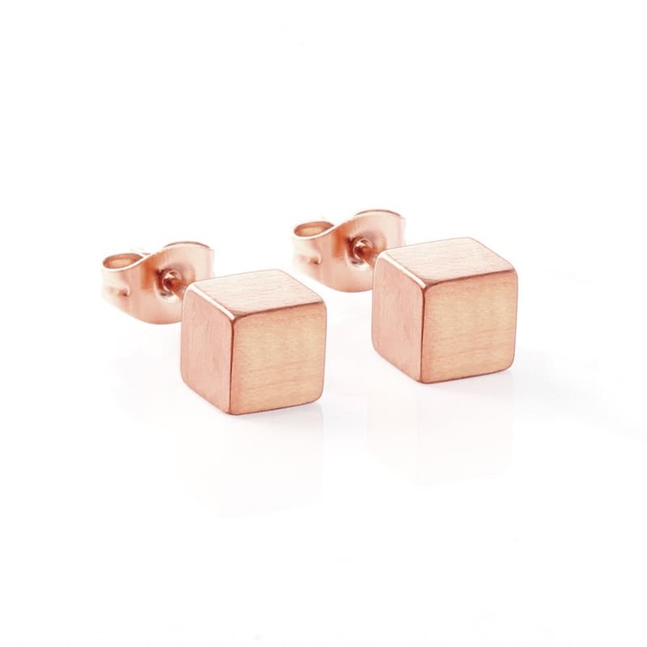 Cercei cubici stud pe lob, roz aurii din otel inoxidabil, model geometric, Pufoseria, 99461498