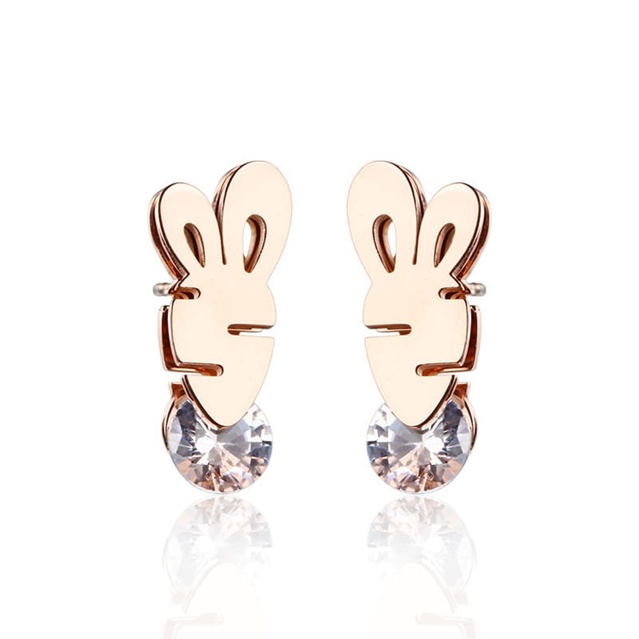 Cercei mici stud pe lob in forma de iepuras, roz aurii din otel inoxidabil si cristal, Pufoseria, 99461488