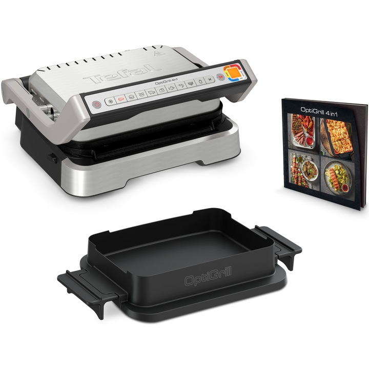 Електрическа скара Tefal OptiGrill 4 in 1 GC774D30, 2100 W, 9 автоматични програми, Сваляеми плочи с незалепващо покритие, Сребрист/Черен
