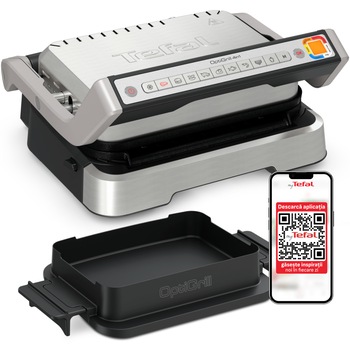 Gratar electric Tefal OptiGrill 4 in 1 GC774D30, 2100 W, 9 programe automate, suprafata 30×20 cm, 4 trepte de temperatura, tava pentru cuptor, placi detasabile antiaderente, control tactil, negru/inox