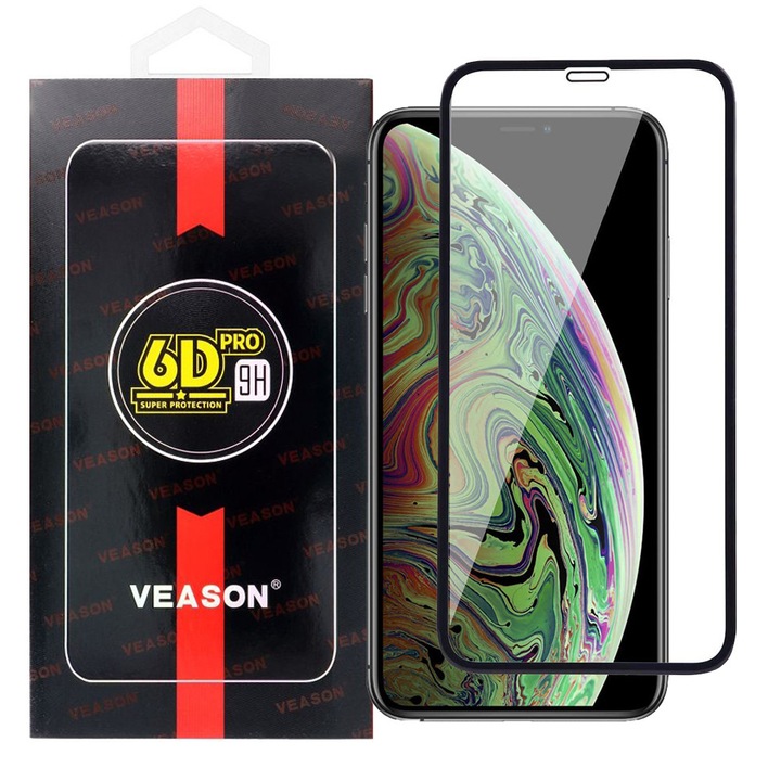 iPhone 11 / XR kompatibilis üvegfólia, előlapi, edzett, hajlított, fekete kerettel, Veason 6D Pro