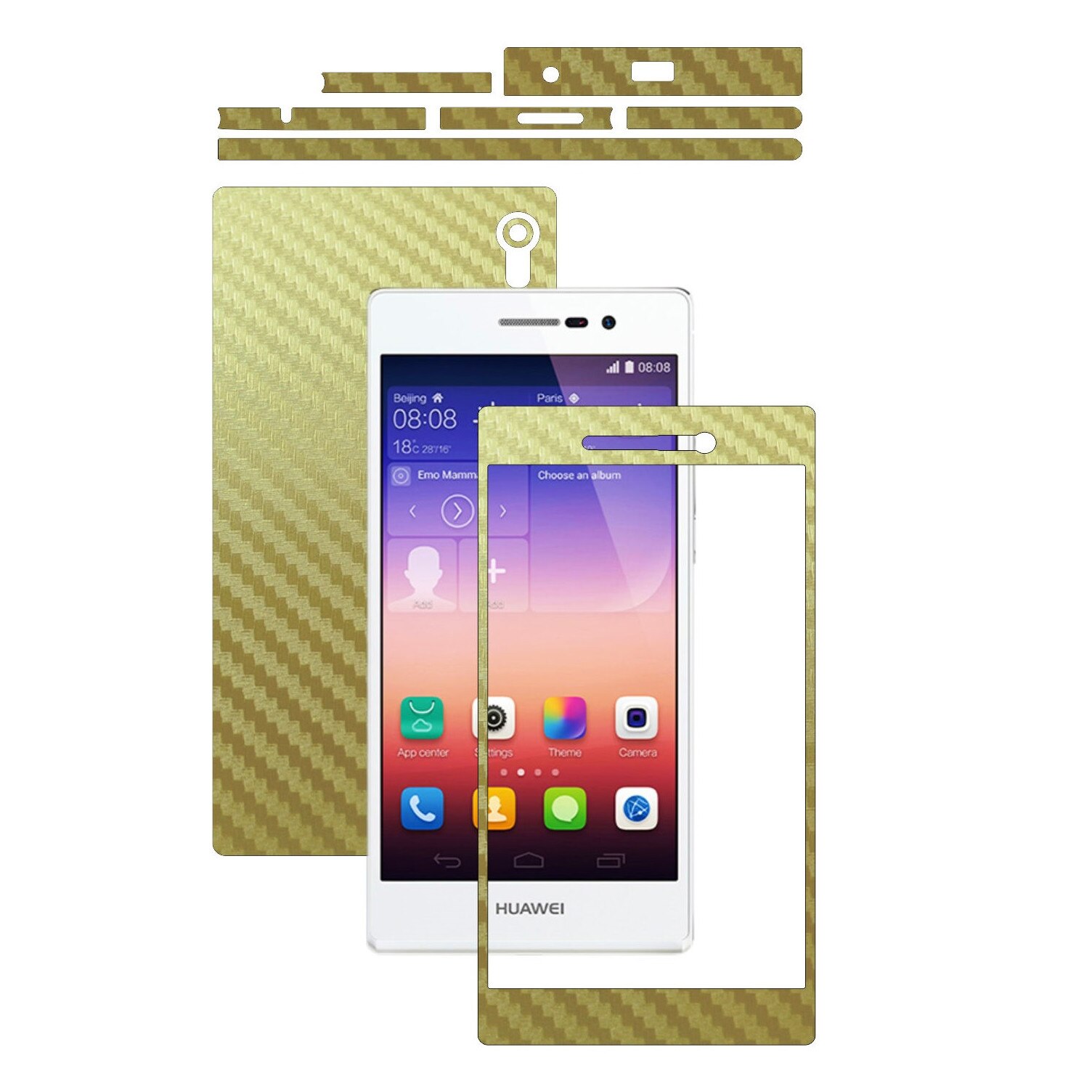 Folie de protectie Carbon Skinz, Husa de tip Skin Adeziv pentru Carcasa, Carbon Auriu dedicata Huawei Ascend P7