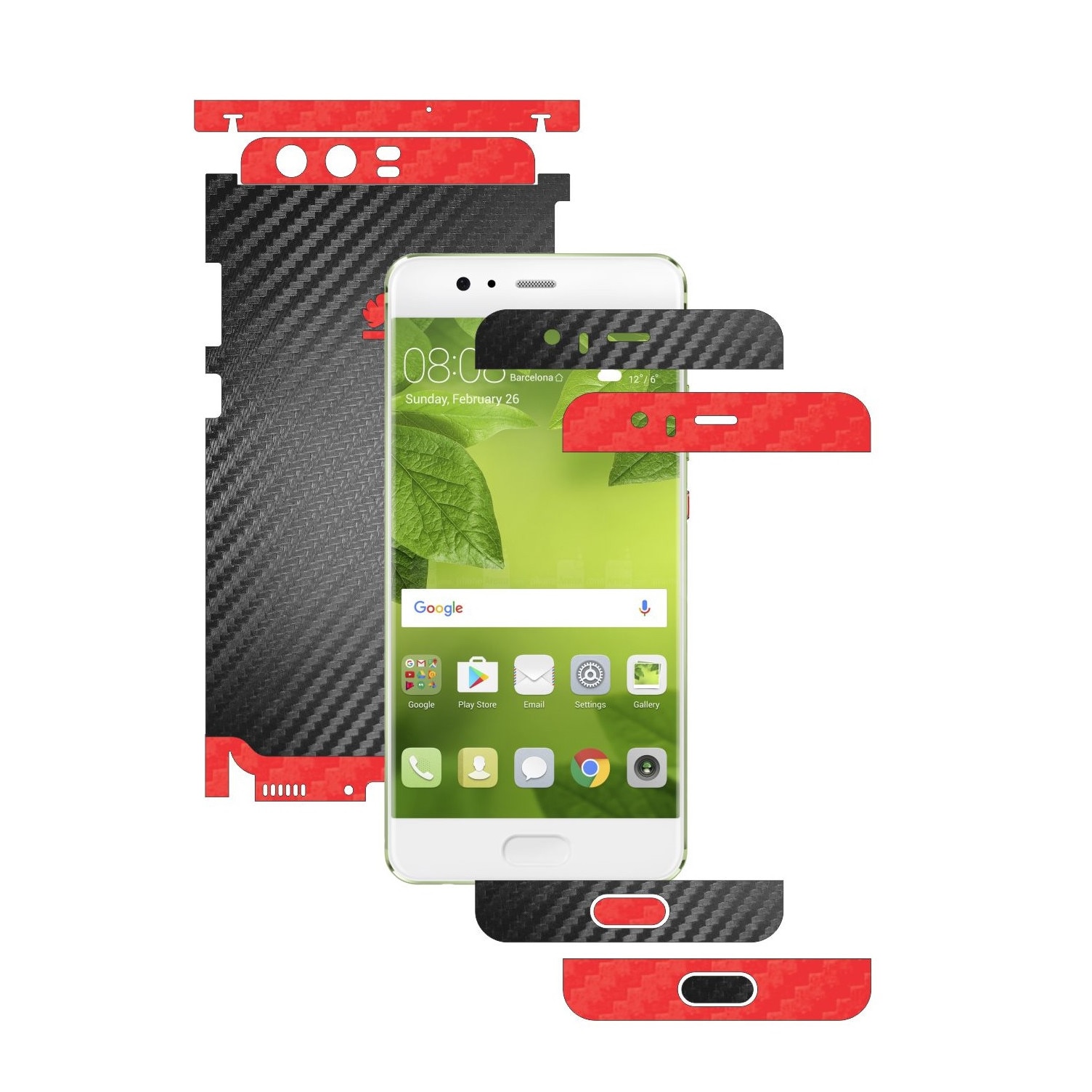 Folie de protectie Full Body Carbon Skinz, Acoperire Totala, Two Tone Negru / Rosu dedicata Huawei P10 + Plus