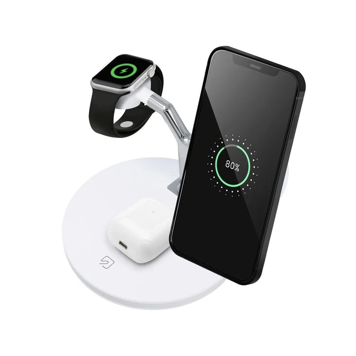 3in1 Wireless Fast Charge 25W докинг станция за зареждане, MagSafe, Съвместим с Apple, Samsung, Безжична станция за зареждане за часовник, телефон и слушалки, ABS, цинкова сплав, Сребристо бяло
