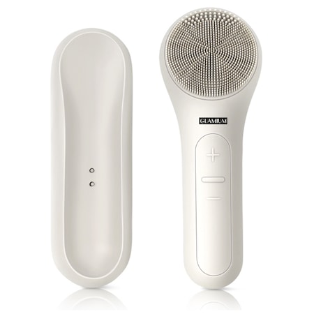 Aparat pentru curatarea si ingrijirea tenului GLAMIUM®, functie de incalzire, 5 intensitati vibratii, masaj facial V-Sonic 8000 RPM, exfoliere, perie sonica, rezistent la apa, wireless, reincarcabil, cu docking station pentru incarcare inclus, gri deschis