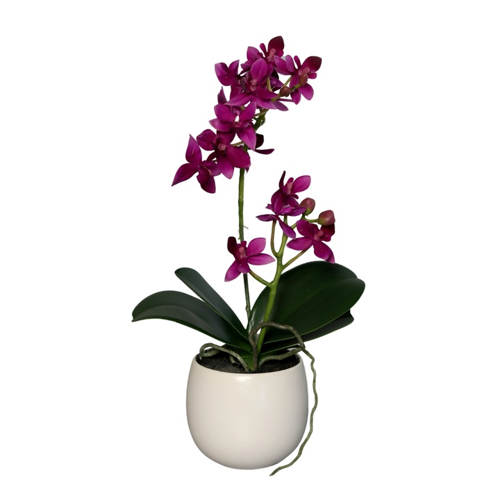 Orhidee artificiala mov cu aspect 100% natural in vas ceramic, 34 cm
