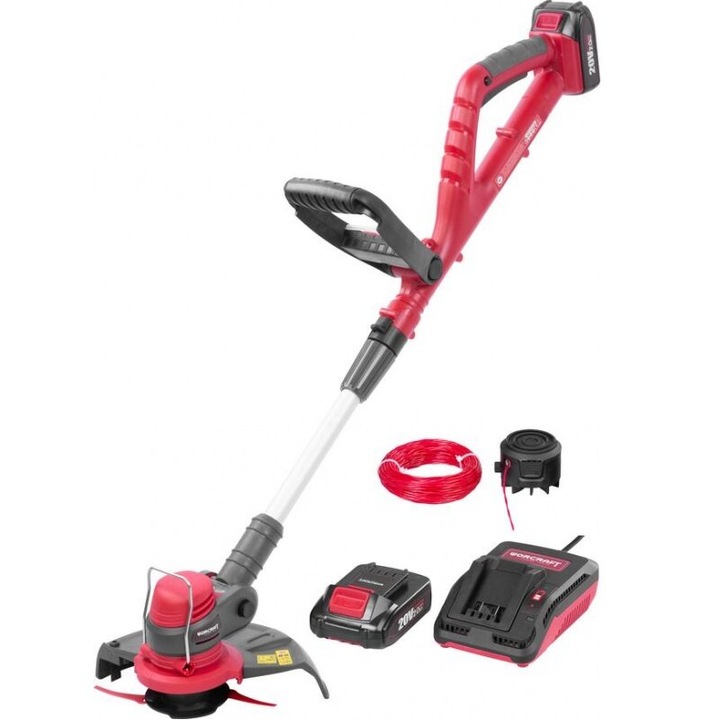 Motocoasa, trimmer, pentru tuns iarba, Worcraft, electric, cu acumulator, incarcator 20V Li-ion, maner telescopic, 24 cm