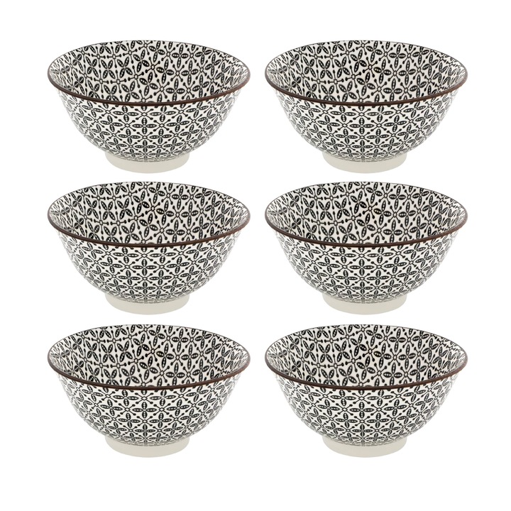 Set 6 boluri ISJ1443, Capacitate 690 ml, 16x7.5 cm, Portelan, Bej / Negru