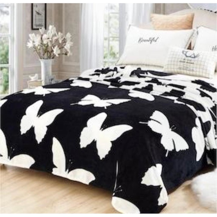 Patura Cocolino pentru Pat Dublu, 200 x 230 cm, Negru cu Fluturi