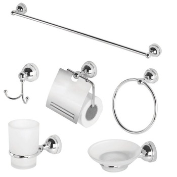 Set 6 accesorii baie, Feridras Nova, metal cromat si sticla satinata Set 6 accesorii baie, Feridras Nova, metal cromat si sticla satinata