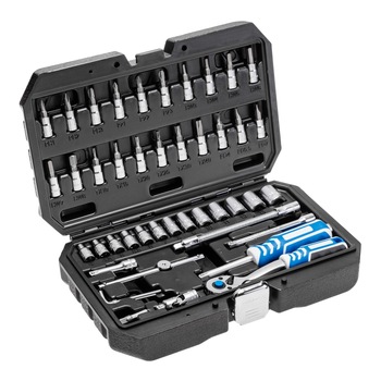 Set de tubulare, biti si accesorii 1/4”, otel CrV/CrMo , maner cu clichet 72 DNT, 46 buc/set Set de tubulare, biti si accesorii 1/4”, otel CrV/CrMo , maner cu clichet 72 DNT, 46 buc/set