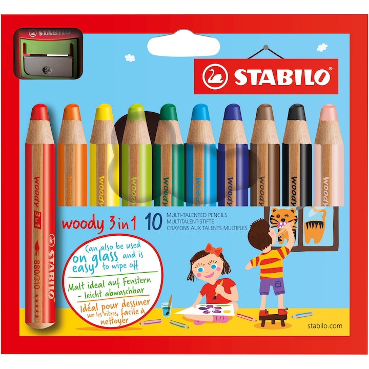 STABILO 10 db Woody 3 az 1-ben színes ceruza, karton pénztárca és hegyező készlet