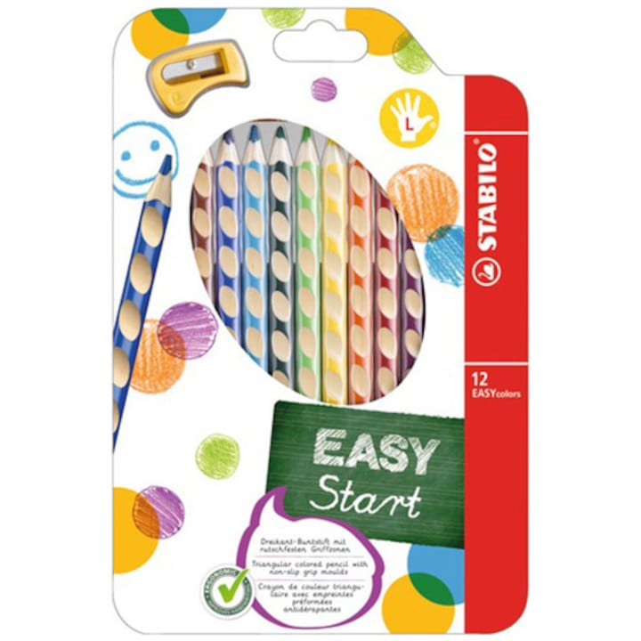 Creioane colorate Stabilo EASYcolors, 4.2 mm, pentru stangaci, 12 culori/ set, ascutitoare, cutie carton