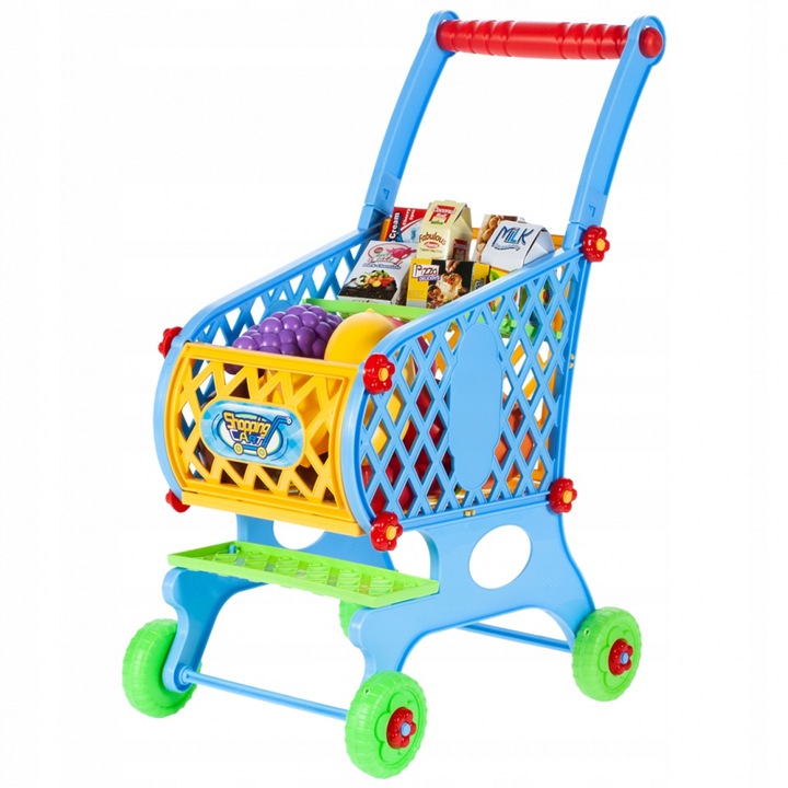 Set Carucior pentru cumparaturi Malplay model realist, cu 46 de accesorii incluse, 40 x 24.5 x 52 cm, Shopping Blue