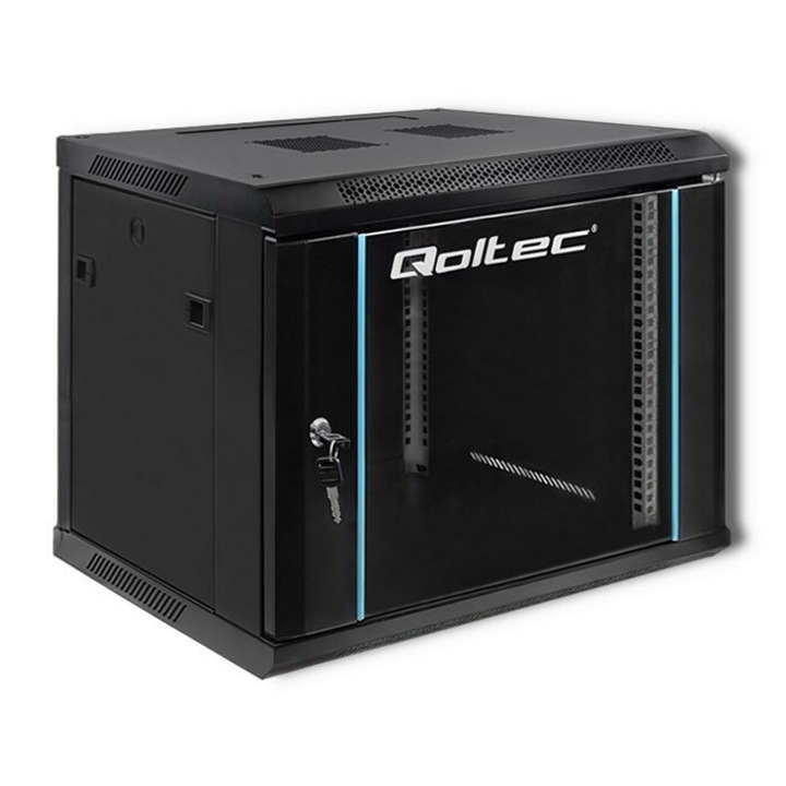 Rack 19" 9U, Qoltec, 54463, Capacitate Maxima De Incarcare Statica: 70 Kg, Sticla Securizata, Servere, Teletehnica, Energetica, Industrie, Usi Frontale Din Sticla Cu Incuietoare, Constructie Rezistenta, Suspendat, 600 x 500 x 450 mm, Negru