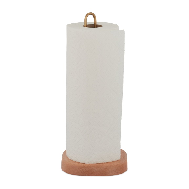 Suport pentru rola servetele de bucatarie sau pentru hartie igienica, Relaxdays, natural/auriu, 30,5 x 13 x 13 cm