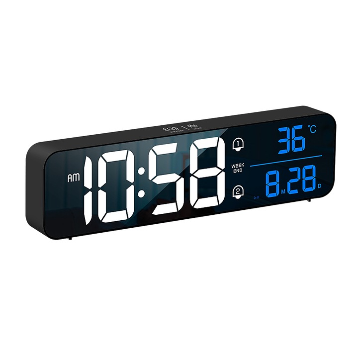 Bur Online Digitális óra, Asztali vagy fali, HD LED kijelzővel, többfunkciós, dátum, nap, idő és hőmérséklet egyidejű kijelzése, 26 cm, fekete