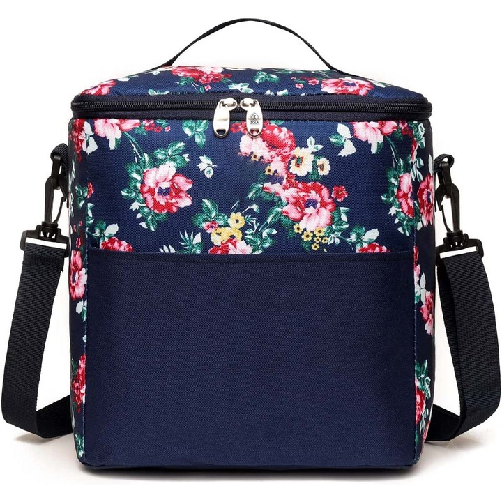Термо чанта за пикник, Zola®, затваряне с цип, капацитет 11 L, 26x14x28 см, тъмносиня с цветя