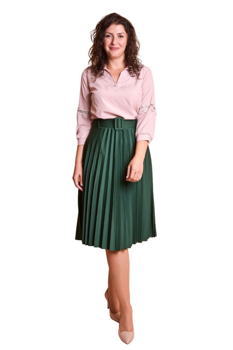 Fusta office plisata verde smarald cu centura in talie, Verde, One Size