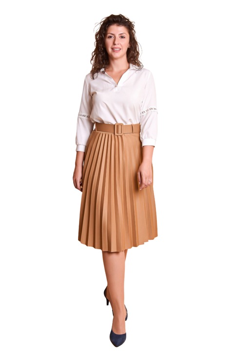 Fusta office plisata bej cu centura in talie, Poliester, 40-44 EU