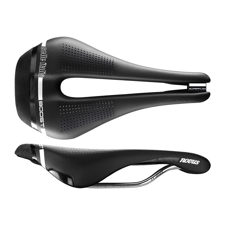 Седло за велосипед Novus Boost Superflow, Selle Italia, микрофибър/титан, 255 x 135 mm, черно