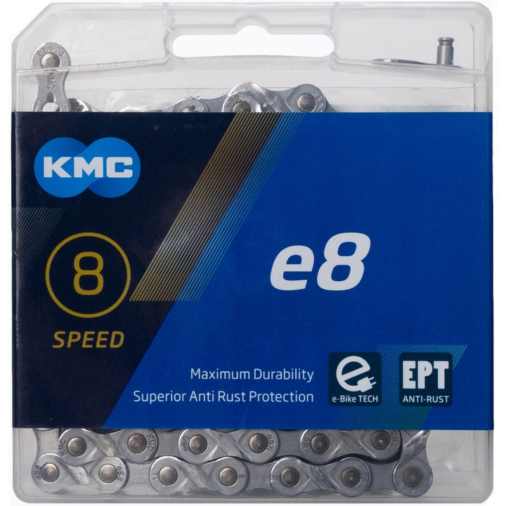 Верига за велосипед, KMC, стомана, E8, EPT, 122 звена, 8 скорости, сребриста