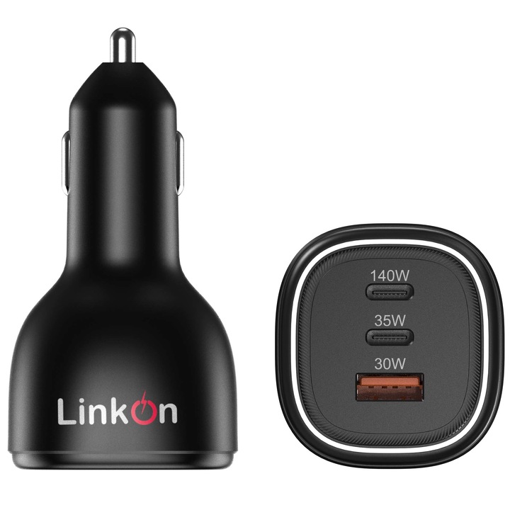 Зарядно за кола LinkOn, 165W, За Лаптопи, Таблети, Телефони, 140W USB-C PD3.1 PPS, 35W USB-C PD3.0 PPS, USB-A QC4.0+ 30W, МаcBook Pro 16" 2021, Черно