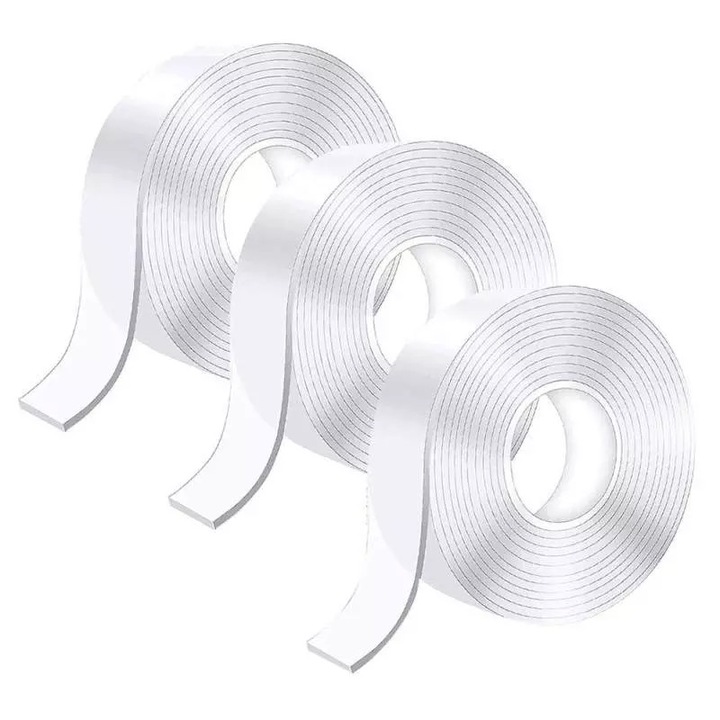 Set 3 x Rola Banda Dublu Adeziva SIKS, 3x3 metri, 9m, Izolanta, Impermeabila, Reutilizabila, Tehnologie Nano, Transparenta