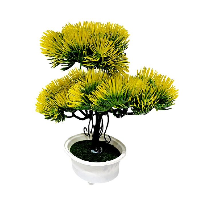 Bonsai decorativ artificial, colorat, in ghiveci miniatural, Pin Desire, Galben, Inaltime 25 cm, Velve