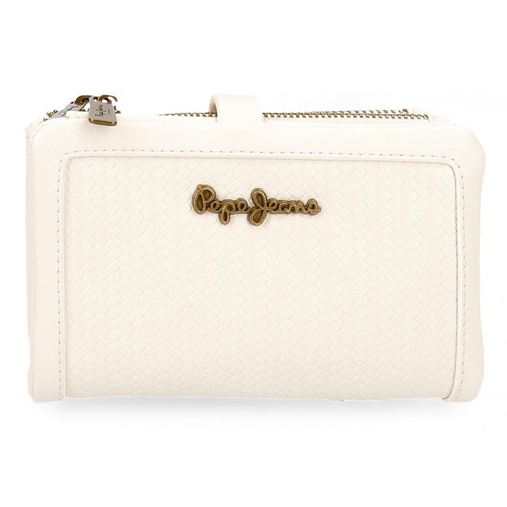 Portofel dama, Pepe Jeans Lena, protectie RFID, compartiment detasabil, alb, 14.5x9x2 cm
