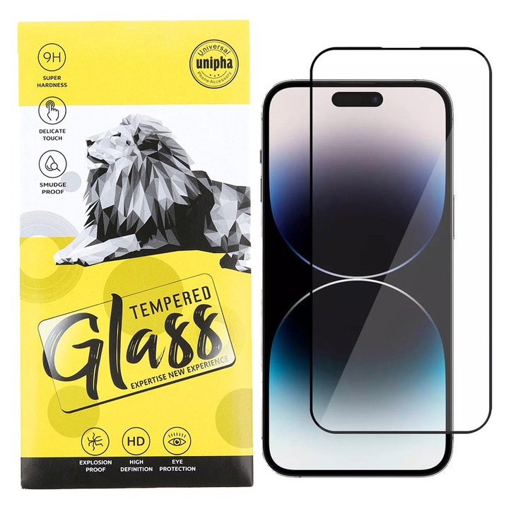 iPhone 15 / 16 kompatibilis üvegfólia, előlapi, 9D, edzett, hajlított, fekete kerettel