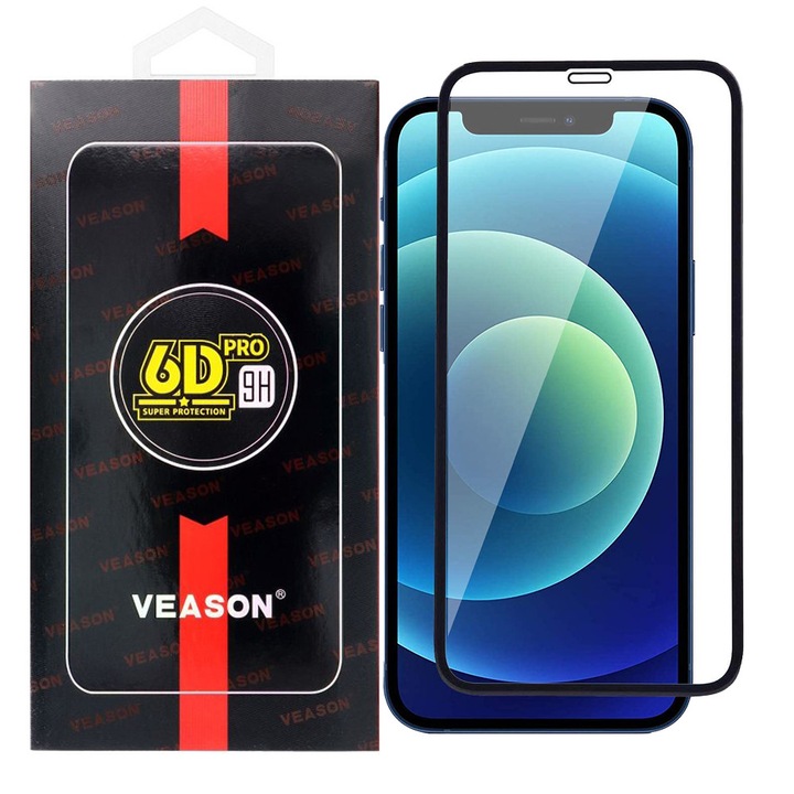 iPhone 12 / 12 Pro kompatibilis üvegfólia, előlapi, 6D Pro, edzett, hajlított, fekete kerettel
