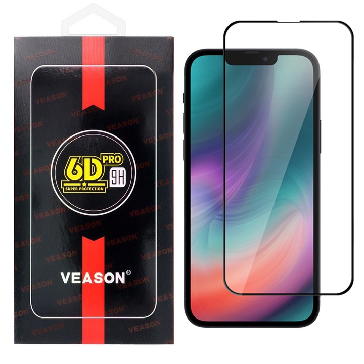 iPhone 13 Pro / 14 / 16e kompatibilis üvegfólia, előlapi, edzett, hajlított, fekete kerettel, Veason 6D Pro