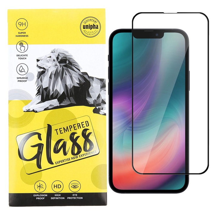 iPhone 13 Pro Max / 14 Plus kompatibilis üvegfólia, előlapi, 9D, edzett, hajlított, fekete kerettel