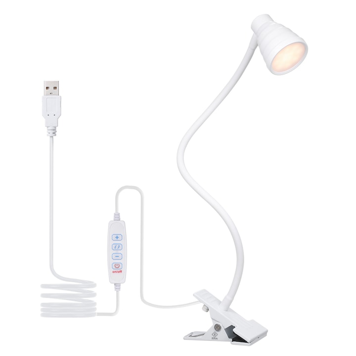 Lampa de birou cu clips, Zola®, brat flexibil, 3 culori lumina, reglare 360 grade, 10 niveluri, USB, alba, 45 cm