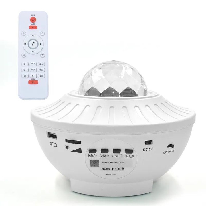 Lampa LED tip Proiector Galaxie, difuzor Bluetooth incorporat, port USB, portabil, telecomanda, alb