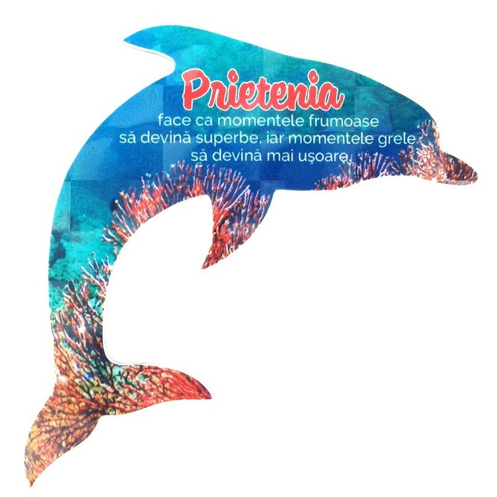 Magnet din plastic in forma de delfin cu text despre prietenie, M1, 10X10 cm