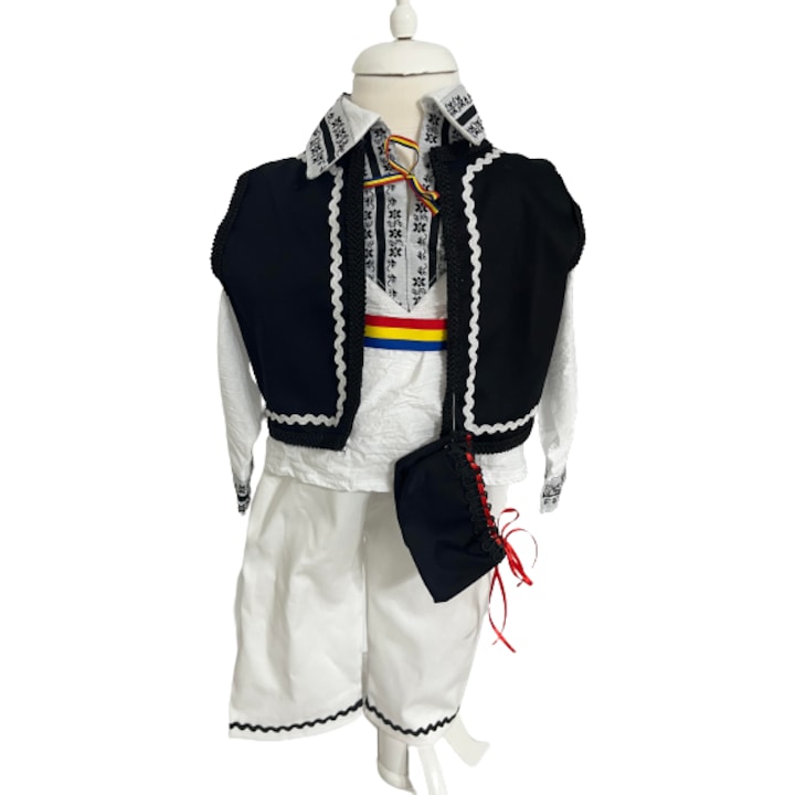 Costum traditional baieti cu vesta, alb/negru, 12 ANI, 4 piese, 146-152 CM