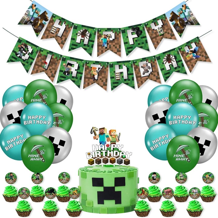 Комплект от 18 детски балона, Minecraft, парти за рожден ден, латекс, 1 банер Честит рожден ден, 14 топера за кексчета, 1 топер за торта, зелено / синьо