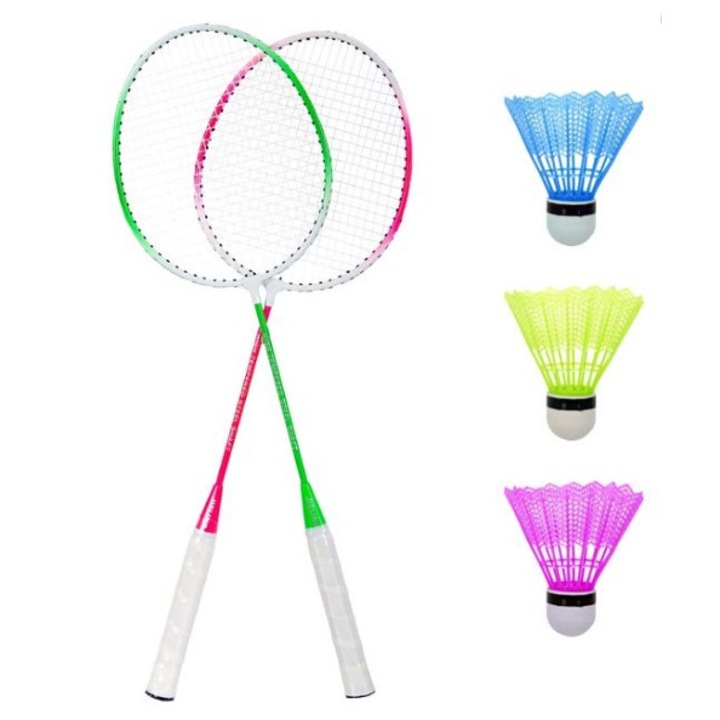 Set 2 palete badminton 65 cm, pentru copii, 3 fluturasi inclusi, maner anti alunecare, 5 piese, multicolor